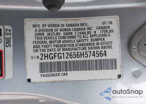 2006 Honda Civic Lx из США, поврежденный, VIN 2HGFG12656H574564